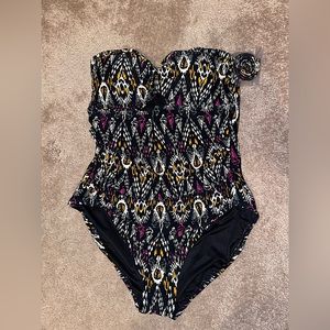 LOFT Beach Multicolored Ikat Twist Bandeau One Piece Swimsuit Large